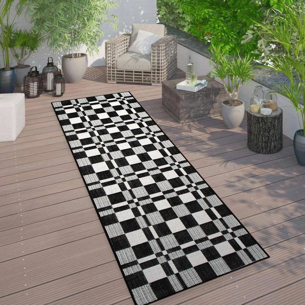 Black 2 ft. x 7 ft. Contemporary Plaid Flatweave Waterproof Backyard Indoor/Outdoor Area Rug by World Rug Gallery 7 Black 2 ft. x 7 ft. Contemporary Plaid Flatweave Waterproof Backyard Indoor/Outdoor Area Rug by World Rug Gallery - Image 7