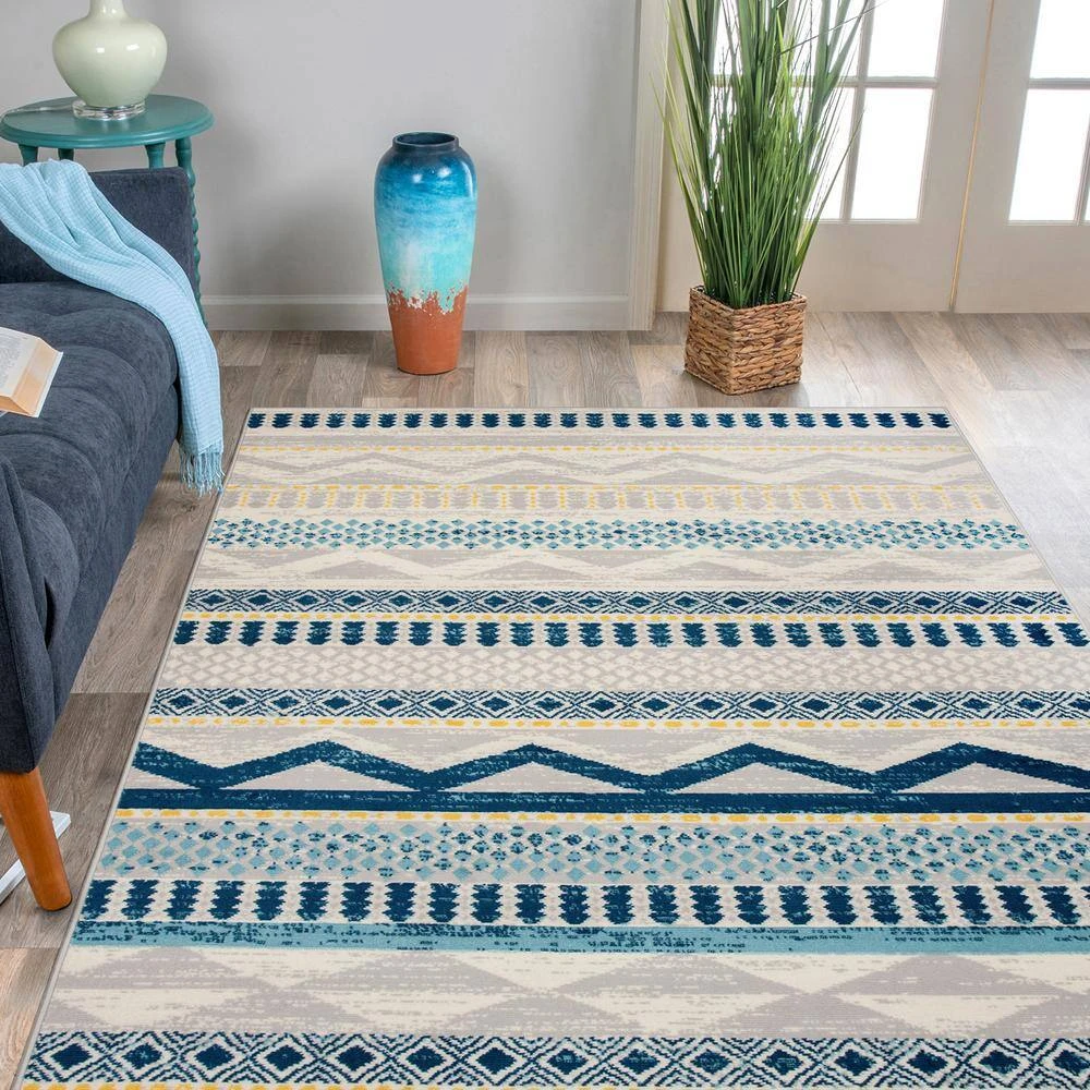 Boho Tribal Geometric Blue 7 ft. 10 in. x 10 ft. Area Rug by World Rug Gallery 6 Boho Tribal Geometric Blue 7 ft. 10 in. x 10 ft. Area Rug by World Rug Gallery - Image 6