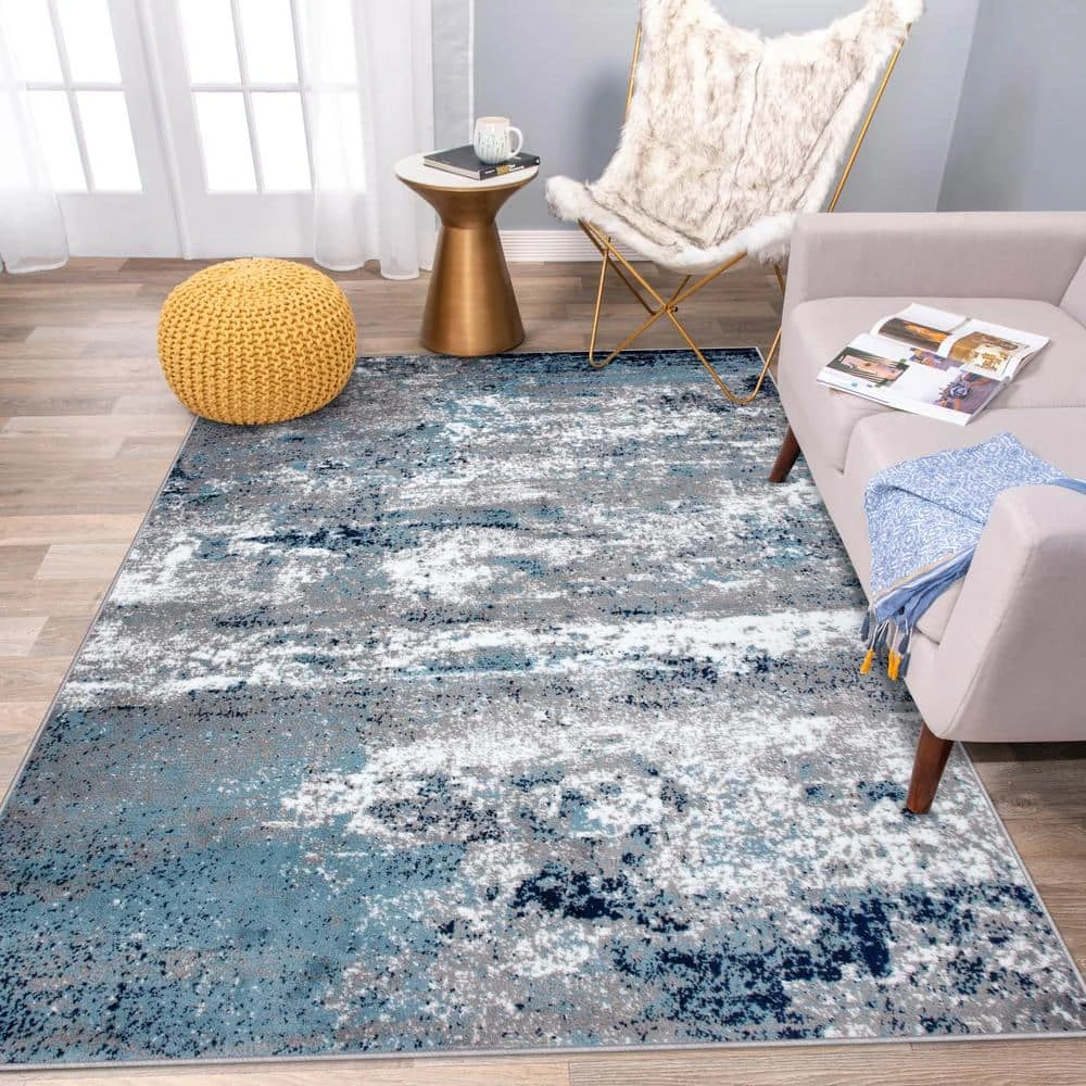 Distressed Modern Abstract Watercolor Blue 7 ft. 10 in. x 10 ft. Area Rug by World Rug Gallery 8 Distressed Modern Abstract Watercolor Blue 7 ft. 10 in. x 10 ft. Area Rug by World Rug Gallery - Image 8