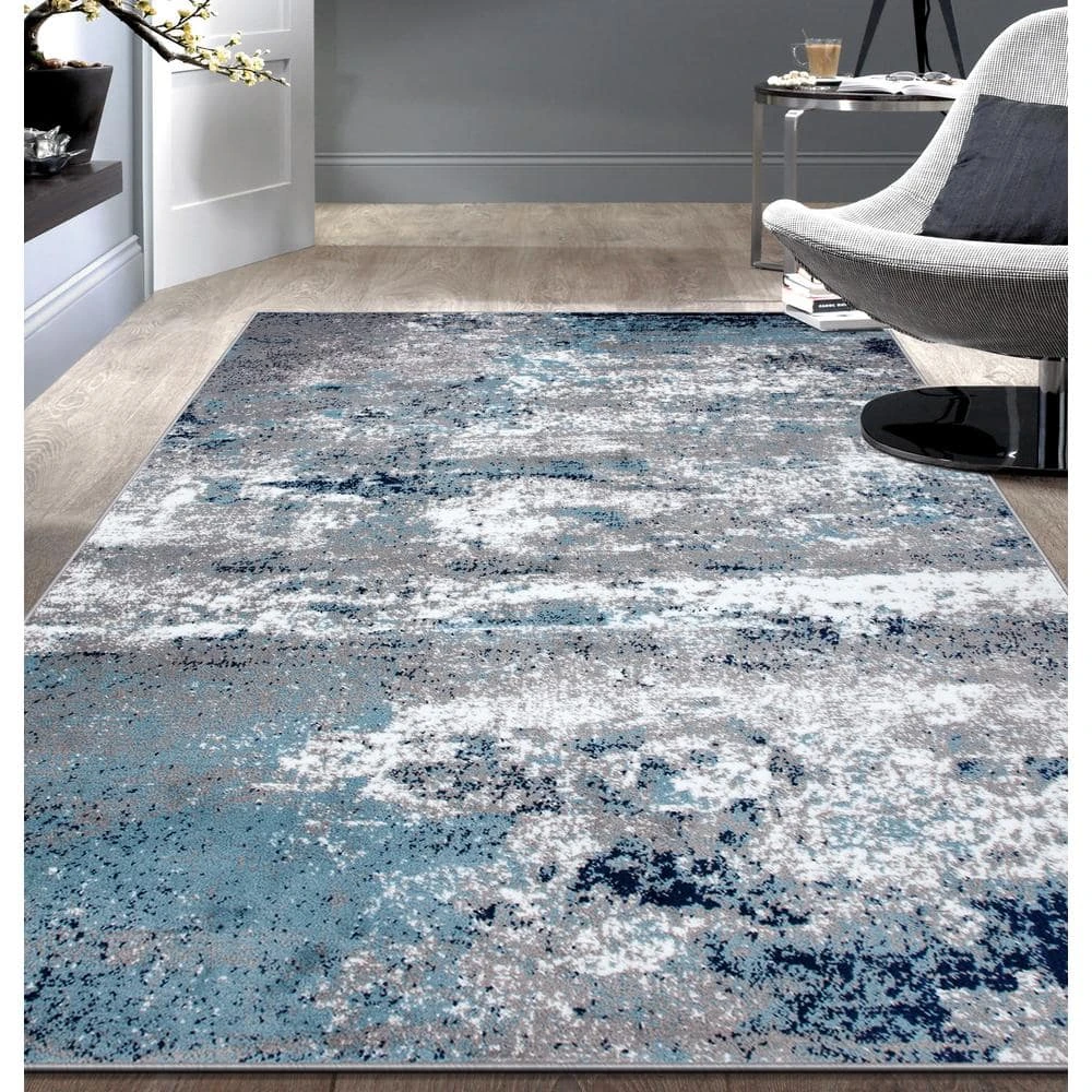 Distressed Modern Abstract Watercolor Blue 7 ft. 10 in. x 10 ft. Area Rug by World Rug Gallery 2 Distressed Modern Abstract Watercolor Blue 7 ft. 10 in. x 10 ft. Area Rug by World Rug Gallery - Image 2
