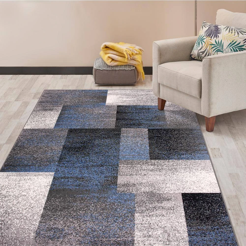 Contemporary Distressed Boxes Blue 7 ft. 10 in. x 10 ft. Indoor Area Rug by World Rug Gallery 5 Contemporary Distressed Boxes Blue 7 ft. 10 in. x 10 ft. Indoor Area Rug by World Rug Gallery - Image 5