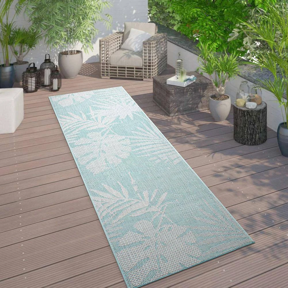 Blue 2 ft. x 7 ft. Contemporary Tropical Leaves Flatweave Waterproof Backyard Indoor/Outdoor Area Rug by World Rug Gallery 7 Blue 2 ft. x 7 ft. Contemporary Tropical Leaves Flatweave Waterproof Backyard Indoor/Outdoor Area Rug by World Rug Gallery - Image 7