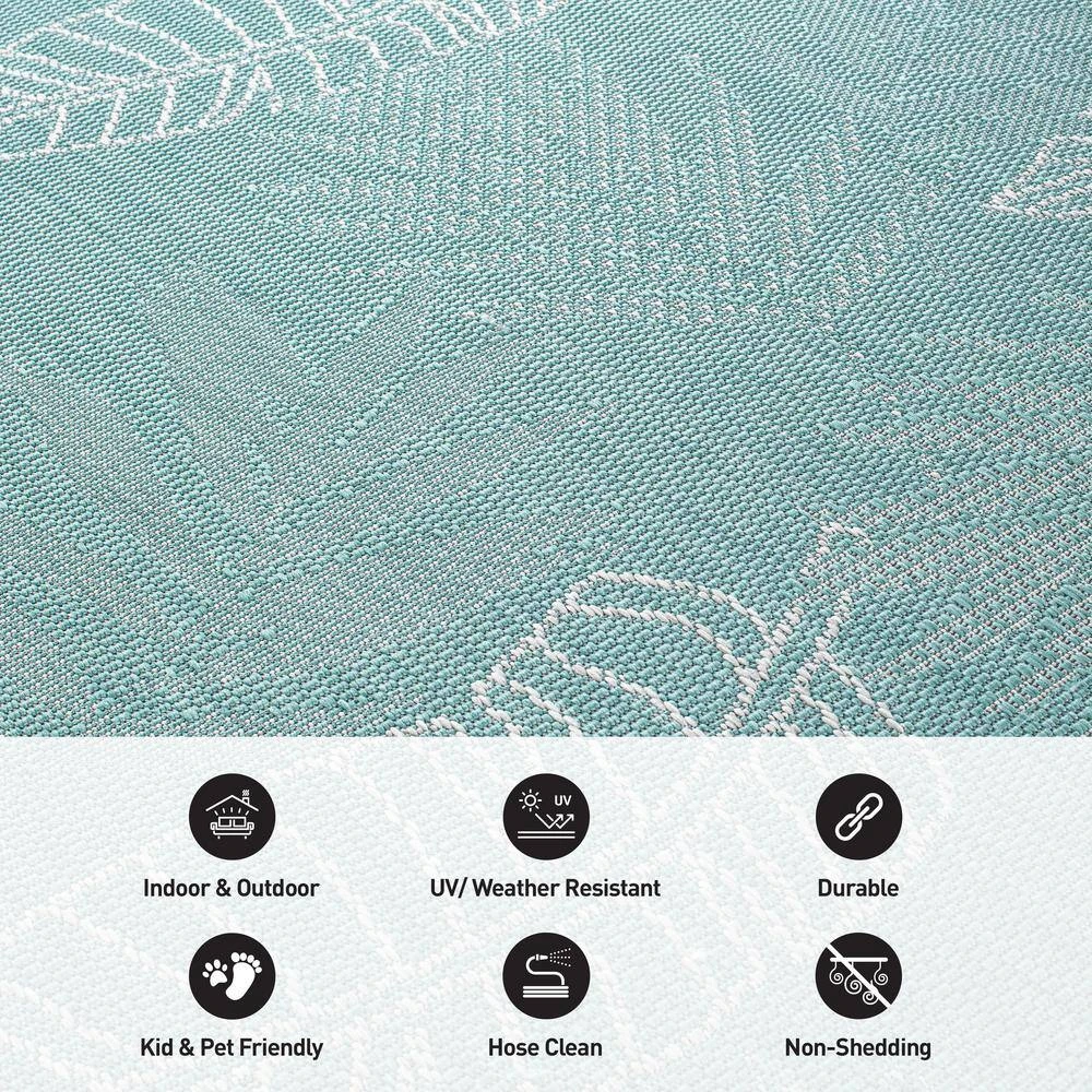 Blue 2 ft. x 7 ft. Contemporary Tropical Leaves Flatweave Waterproof Backyard Indoor/Outdoor Area Rug by World Rug Gallery 6 Blue 2 ft. x 7 ft. Contemporary Tropical Leaves Flatweave Waterproof Backyard Indoor/Outdoor Area Rug by World Rug Gallery - Image 6