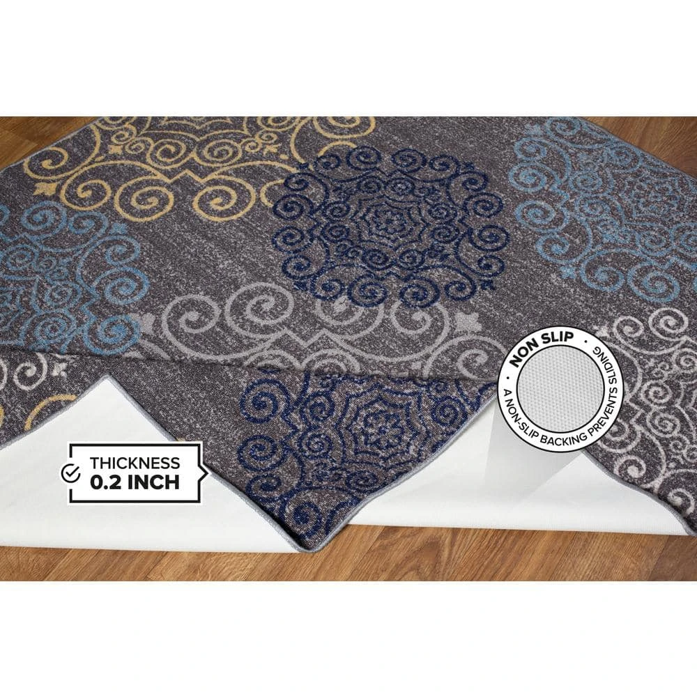Contemporary Floral Non-Slip (Non-Skid) Gray 5 ft. 3 in. x 7 ft. 3 in. Indoor Area Rug by World Rug Gallery 2 Contemporary Floral Non-Slip (Non-Skid) Gray 5 ft. 3 in. x 7 ft. 3 in. Indoor Area Rug by World Rug Gallery - Image 2