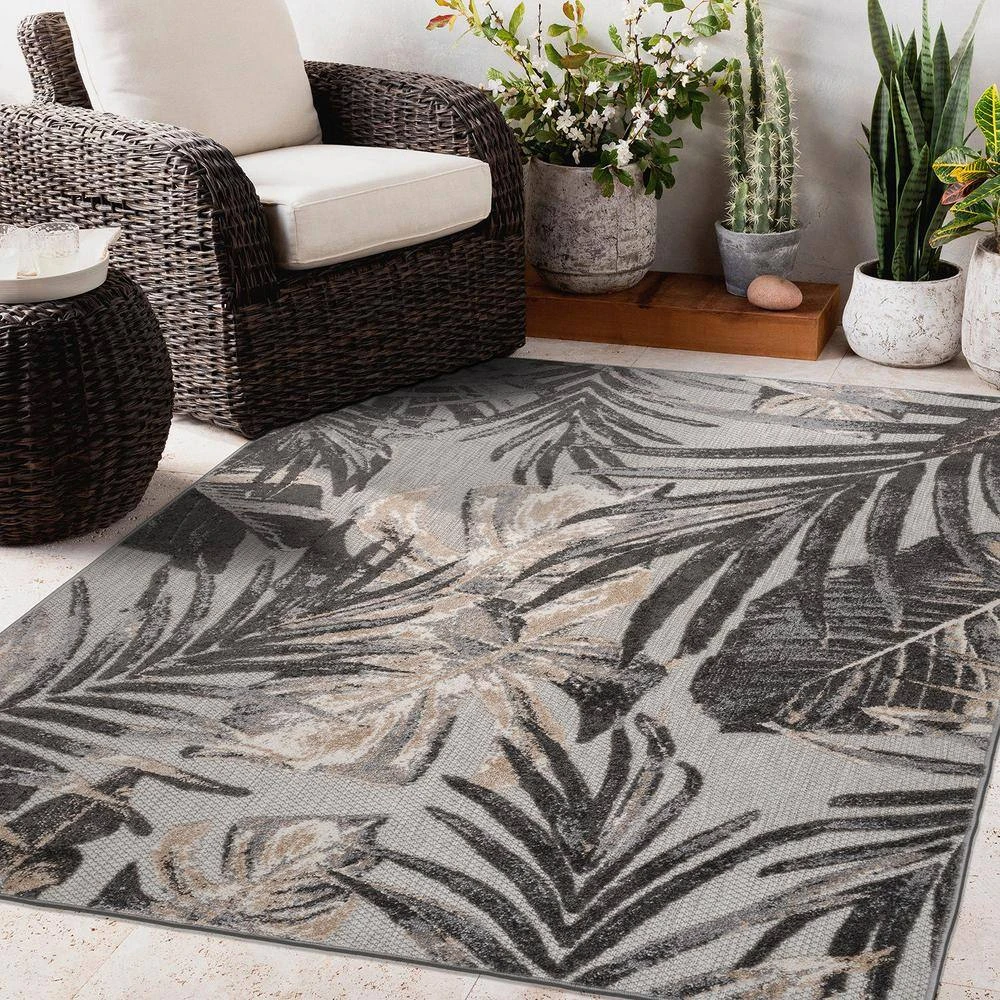 Gray 7 ft. 10 in. x 10 ft. Floral Leaves Indoor/Outdoor Area Rug by World Rug Gallery 5 Gray 7 ft. 10 in. x 10 ft. Floral Leaves Indoor/Outdoor Area Rug by World Rug Gallery - Image 5