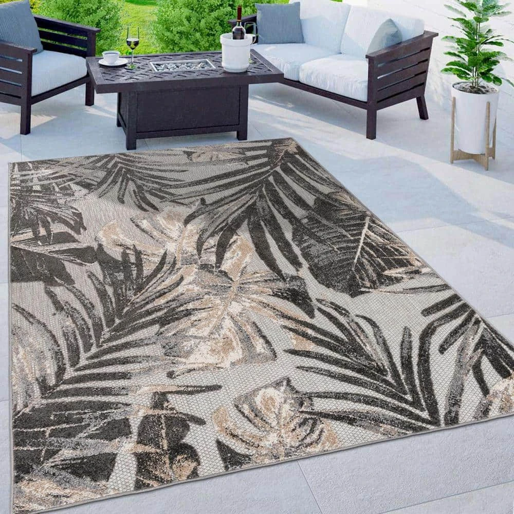 Gray 7 ft. 10 in. x 10 ft. Floral Leaves Indoor/Outdoor Area Rug by World Rug Gallery 4 Gray 7 ft. 10 in. x 10 ft. Floral Leaves Indoor/Outdoor Area Rug by World Rug Gallery - Image 4