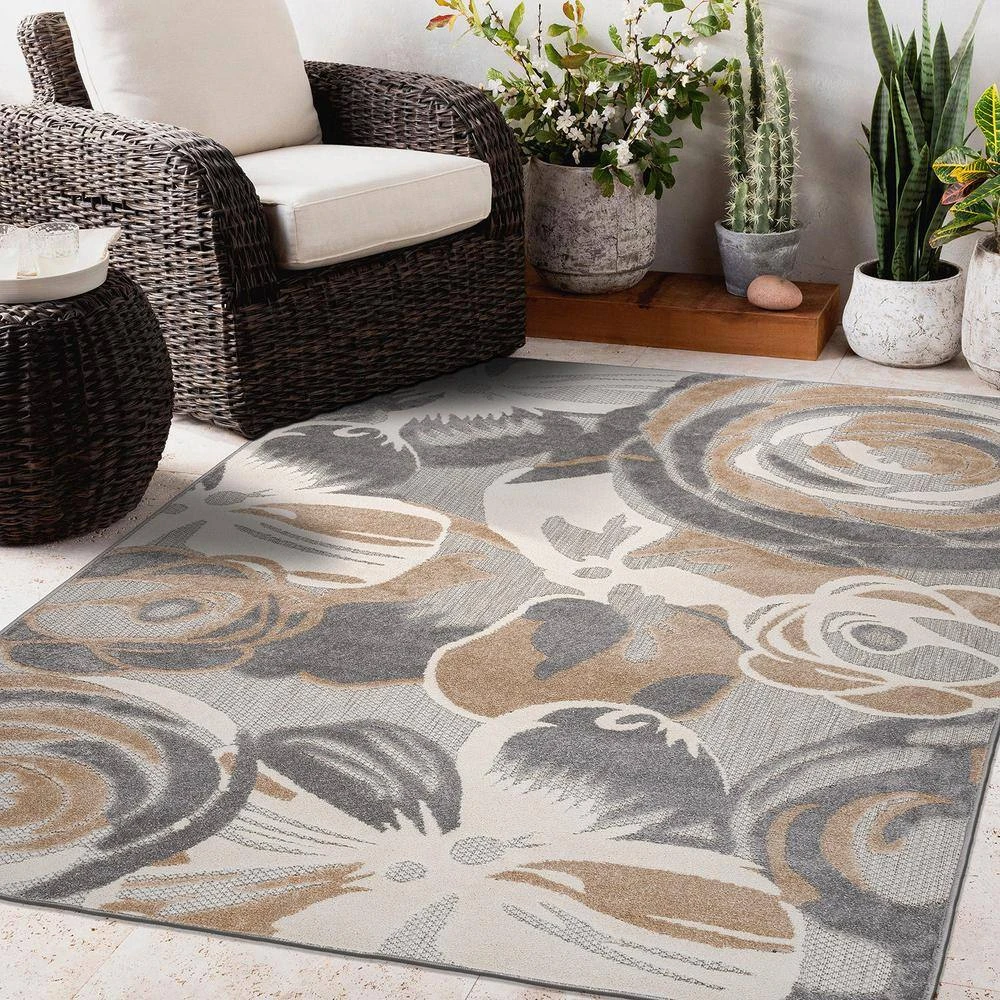 Modern Gray 7 ft. 10 in. x 10 ft. Large Floral Flowers Indoor/Outdoor Area Rug by World Rug Gallery 5 Modern Gray 7 ft. 10 in. x 10 ft. Large Floral Flowers Indoor/Outdoor Area Rug by World Rug Gallery - Image 5