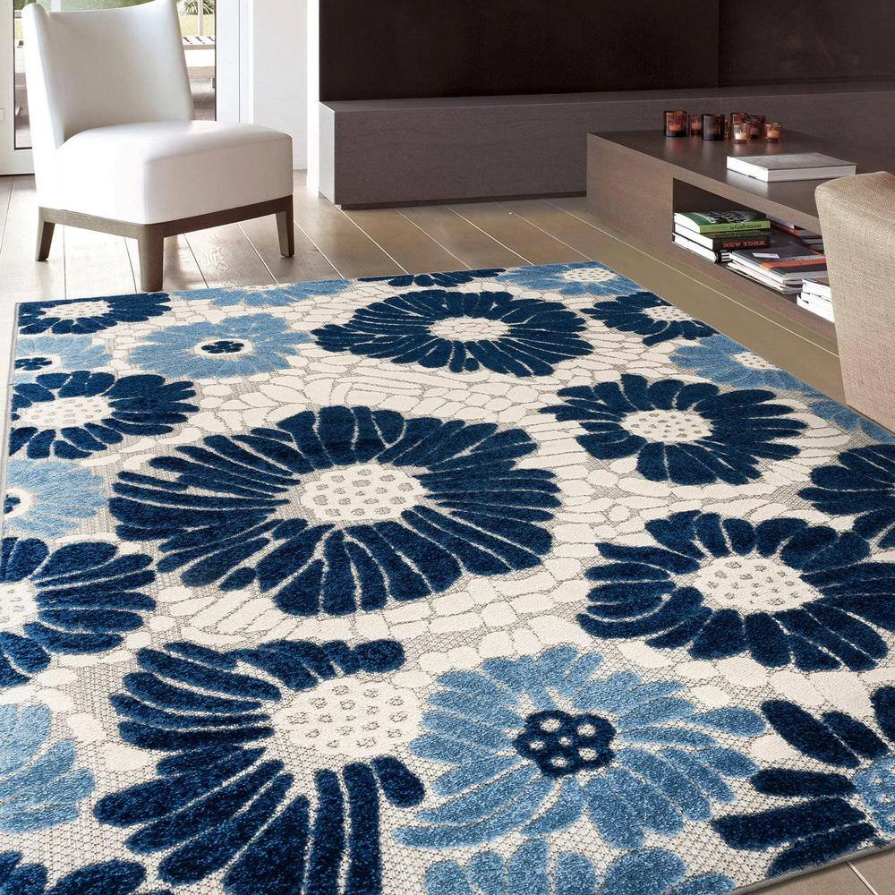 Palermo Navy 7 ft. 10 in. x 10 ft. Modern Floral Flowers Indoor/Outdoor Area Rug by World Rug Gallery 6 Palermo Navy 7 ft. 10 in. x 10 ft. Modern Floral Flowers Indoor/Outdoor Area Rug by World Rug Gallery - Image 6