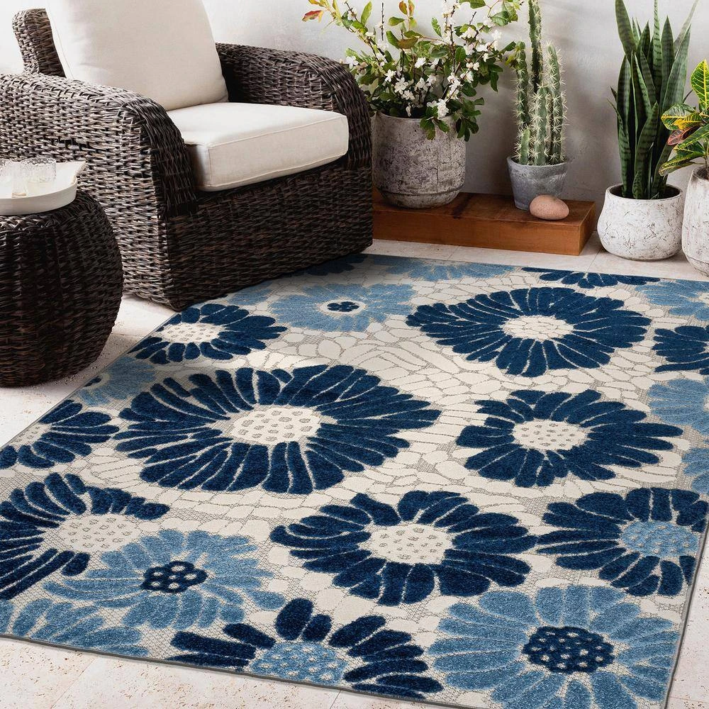 Palermo Navy 7 ft. 10 in. x 10 ft. Modern Floral Flowers Indoor/Outdoor Area Rug by World Rug Gallery 5 Palermo Navy 7 ft. 10 in. x 10 ft. Modern Floral Flowers Indoor/Outdoor Area Rug by World Rug Gallery - Image 5