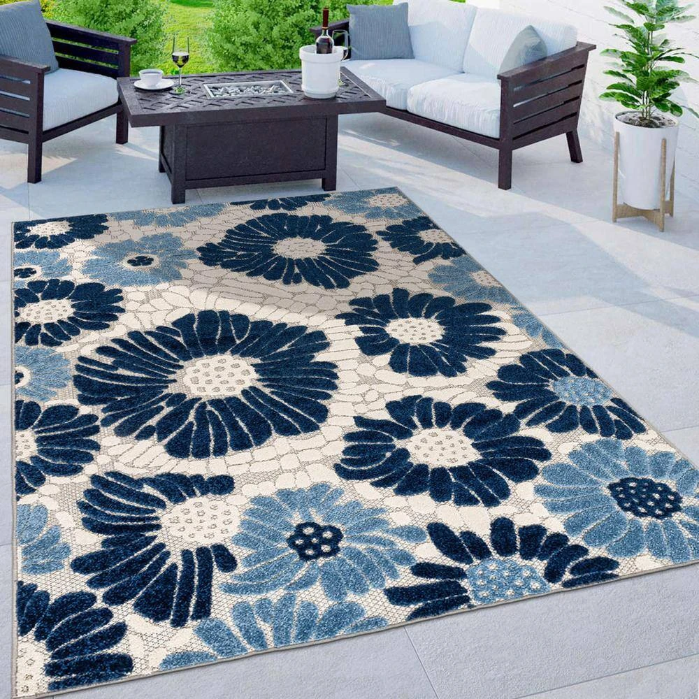Palermo Navy 7 ft. 10 in. x 10 ft. Modern Floral Flowers Indoor/Outdoor Area Rug by World Rug Gallery 4 Palermo Navy 7 ft. 10 in. x 10 ft. Modern Floral Flowers Indoor/Outdoor Area Rug by World Rug Gallery - Image 4