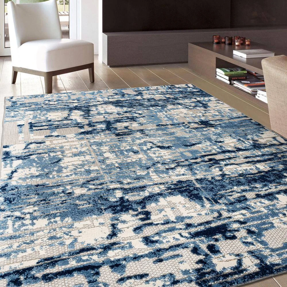 Navy 7 ft. 10 in. x 10 ft. Contemporary Distressed Abstract Indoor/Outdoor Area Rug by World Rug Gallery 6 Navy 7 ft. 10 in. x 10 ft. Contemporary Distressed Abstract Indoor/Outdoor Area Rug by World Rug Gallery - Image 6