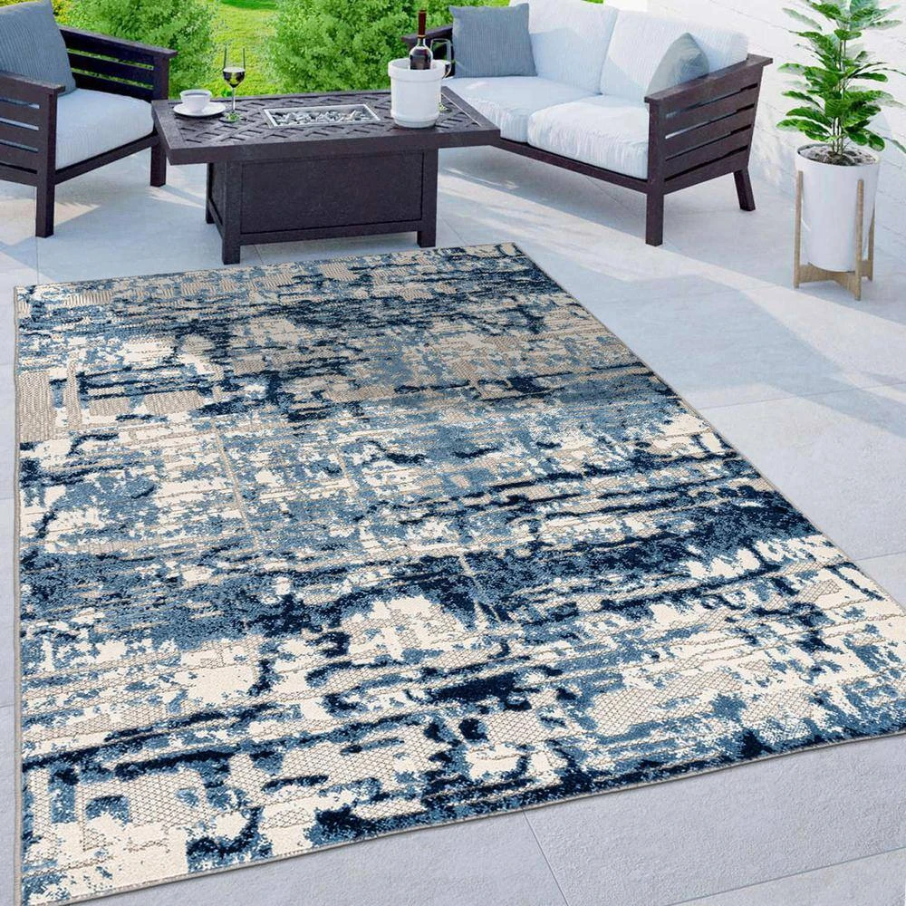 Navy 7 ft. 10 in. x 10 ft. Contemporary Distressed Abstract Indoor/Outdoor Area Rug by World Rug Gallery 4 Navy 7 ft. 10 in. x 10 ft. Contemporary Distressed Abstract Indoor/Outdoor Area Rug by World Rug Gallery - Image 4