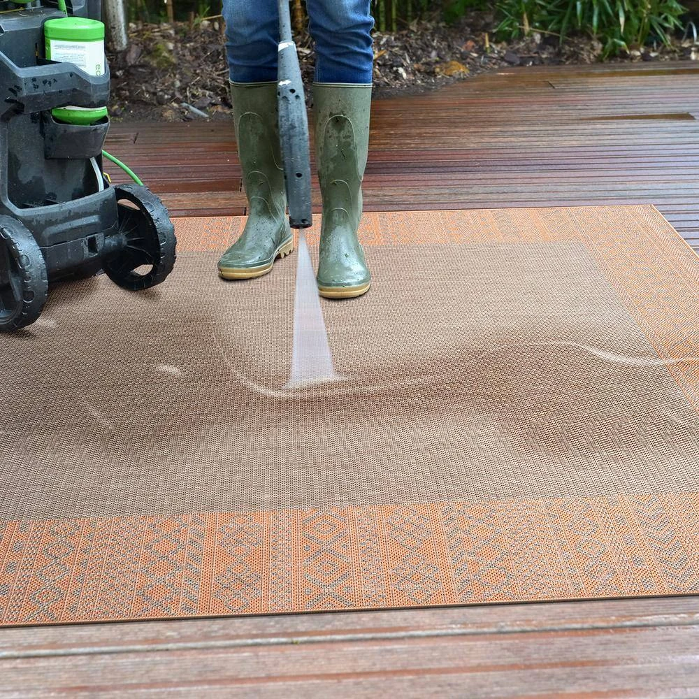 Rust 7 ft. 10 in. x 10 ft. Bohemian Bordered Flatweave Waterproof Backyard Indoor/Outdoor Area Rug by World Rug Gallery 7 Rust 7 ft. 10 in. x 10 ft. Bohemian Bordered Flatweave Waterproof Backyard Indoor/Outdoor Area Rug by World Rug Gallery - Image 7