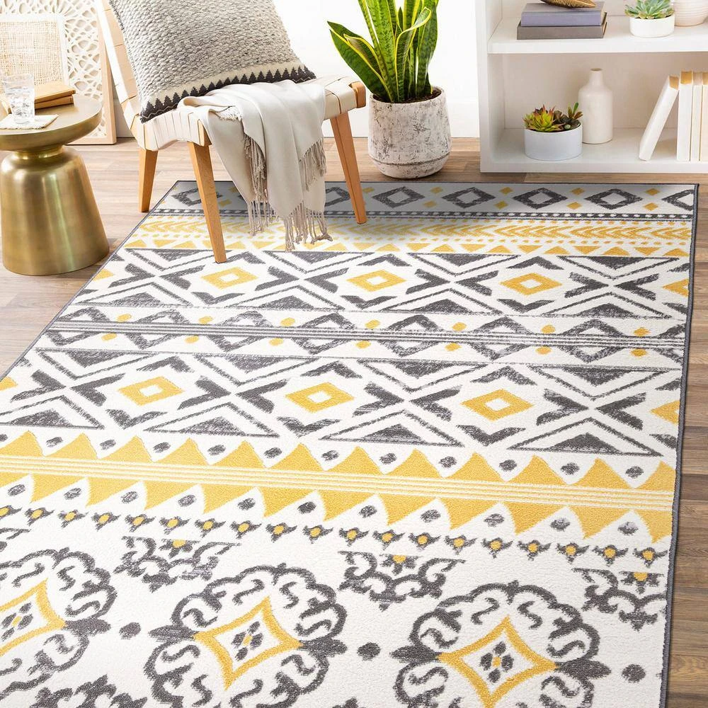 Yellow 7 ft. 10 in. x 10 ft. Distressed Boho Geometric Area Rug by World Rug Gallery 9 Yellow 7 ft. 10 in. x 10 ft. Distressed Boho Geometric Area Rug by World Rug Gallery - Image 9