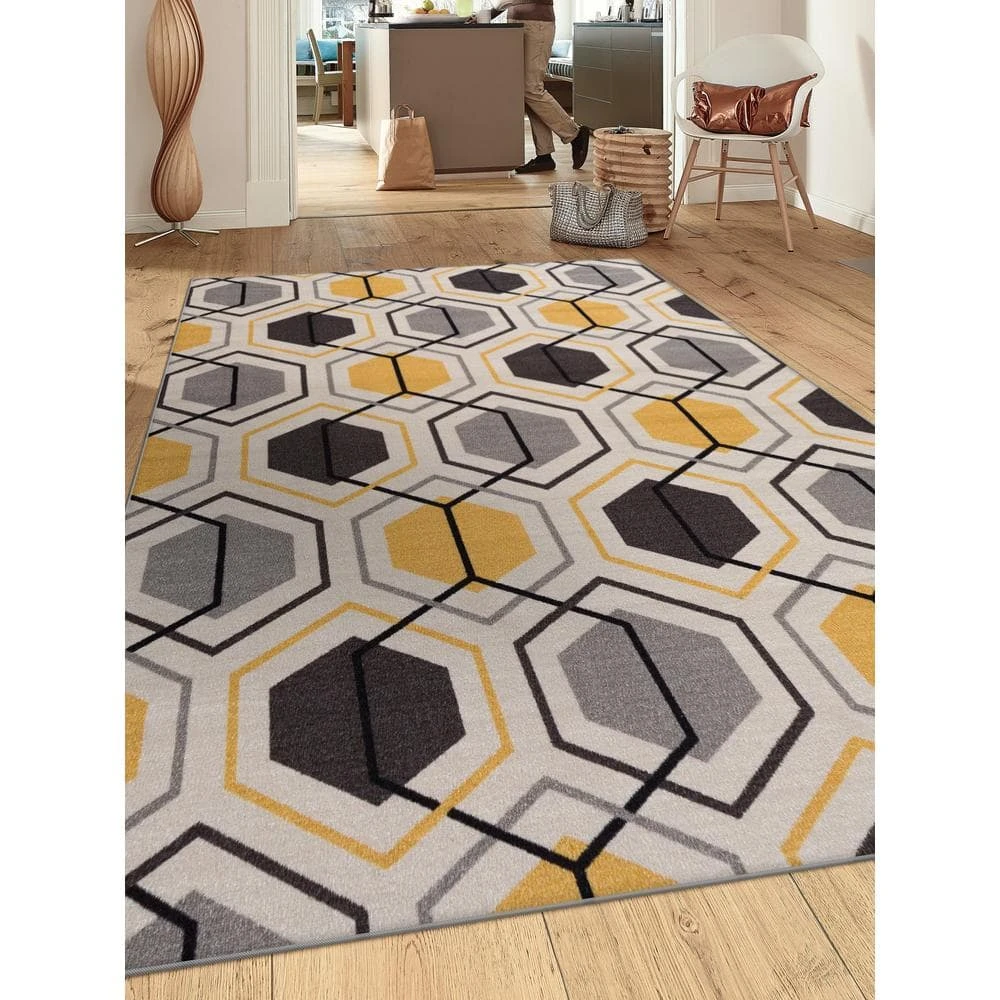 Modern Geometric Stripe Non-Slip (Non-Skid) Yellow 7 ft. 10 in. x 10 ft. Indoor Area Rug by World Rug Gallery 5 Modern Geometric Stripe Non-Slip (Non-Skid) Yellow 7 ft. 10 in. x 10 ft. Indoor Area Rug by World Rug Gallery - Image 5